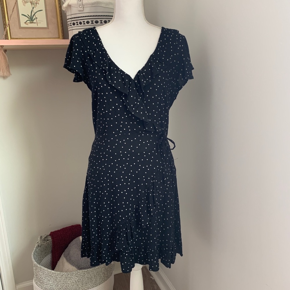 American Eagle Black Polka Dot Faux Wrap Dress